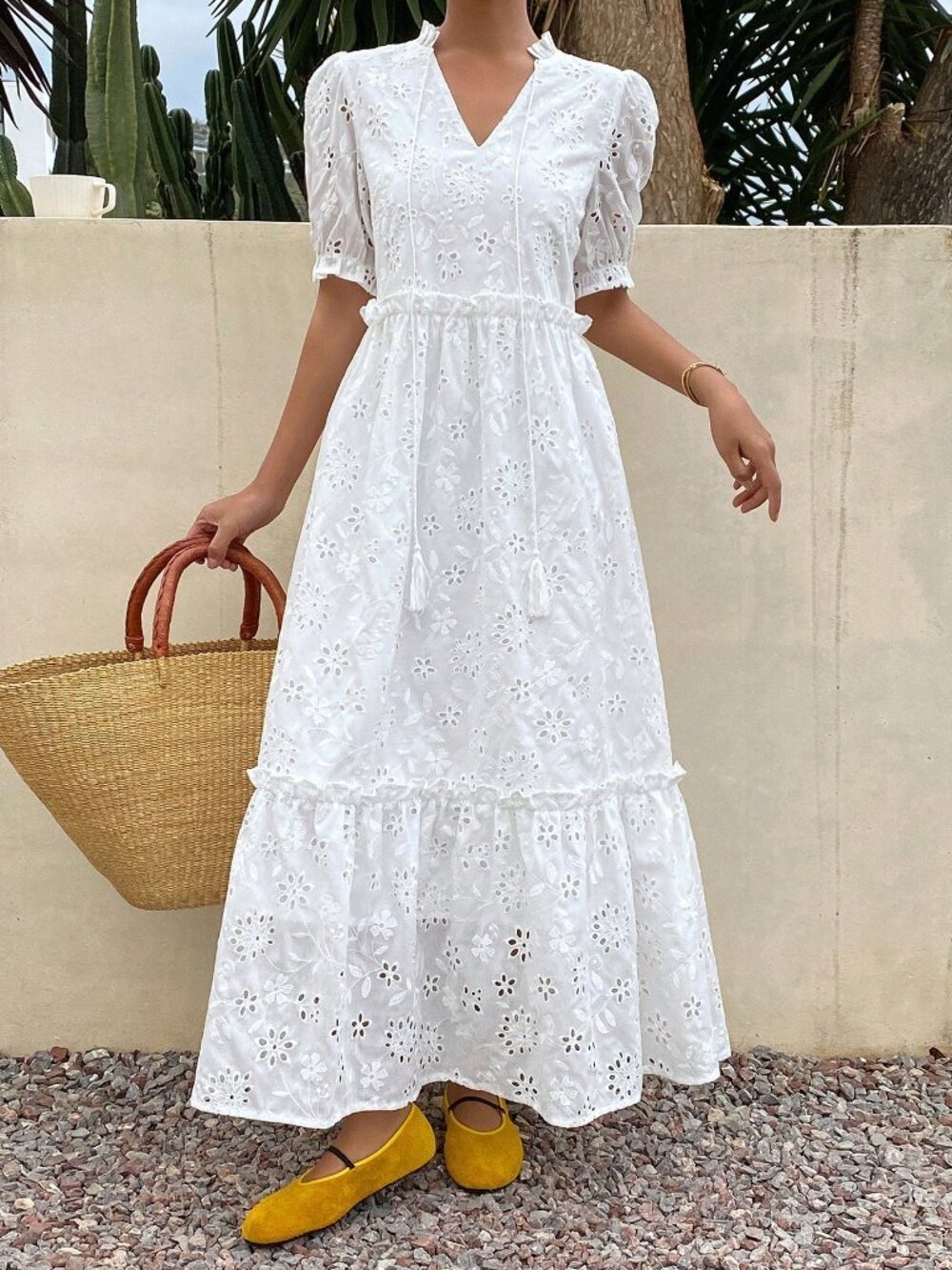 Ivory White Boho Women's Hollow Out Frill Trim Tie Waist Long Puff Sleeve Dress - Picture 6 of 7